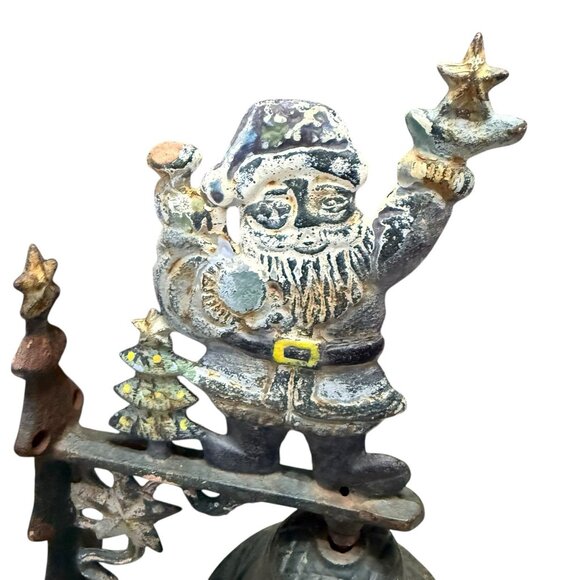 Vintage Rustic Cast Iron Santa & Bell w/Tree Hangs on Wall Worn Rustic Outdoor - Picture 7 of 9